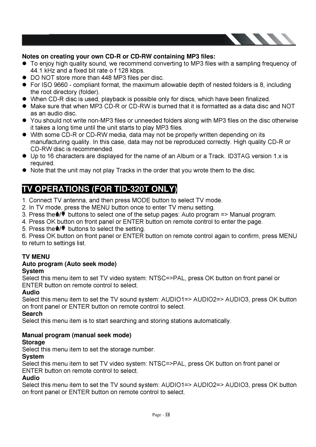 Farenheit Technologies TID-320T Auto program Auto seek mode System, Audio, Search, Manual program manual seek mode Storage 