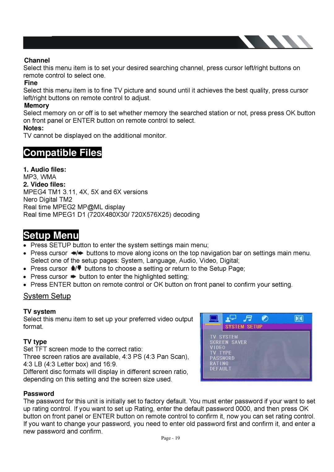 Farenheit Technologies TID-320T owner manual Compatible Files, Setup Menu, System Setup 