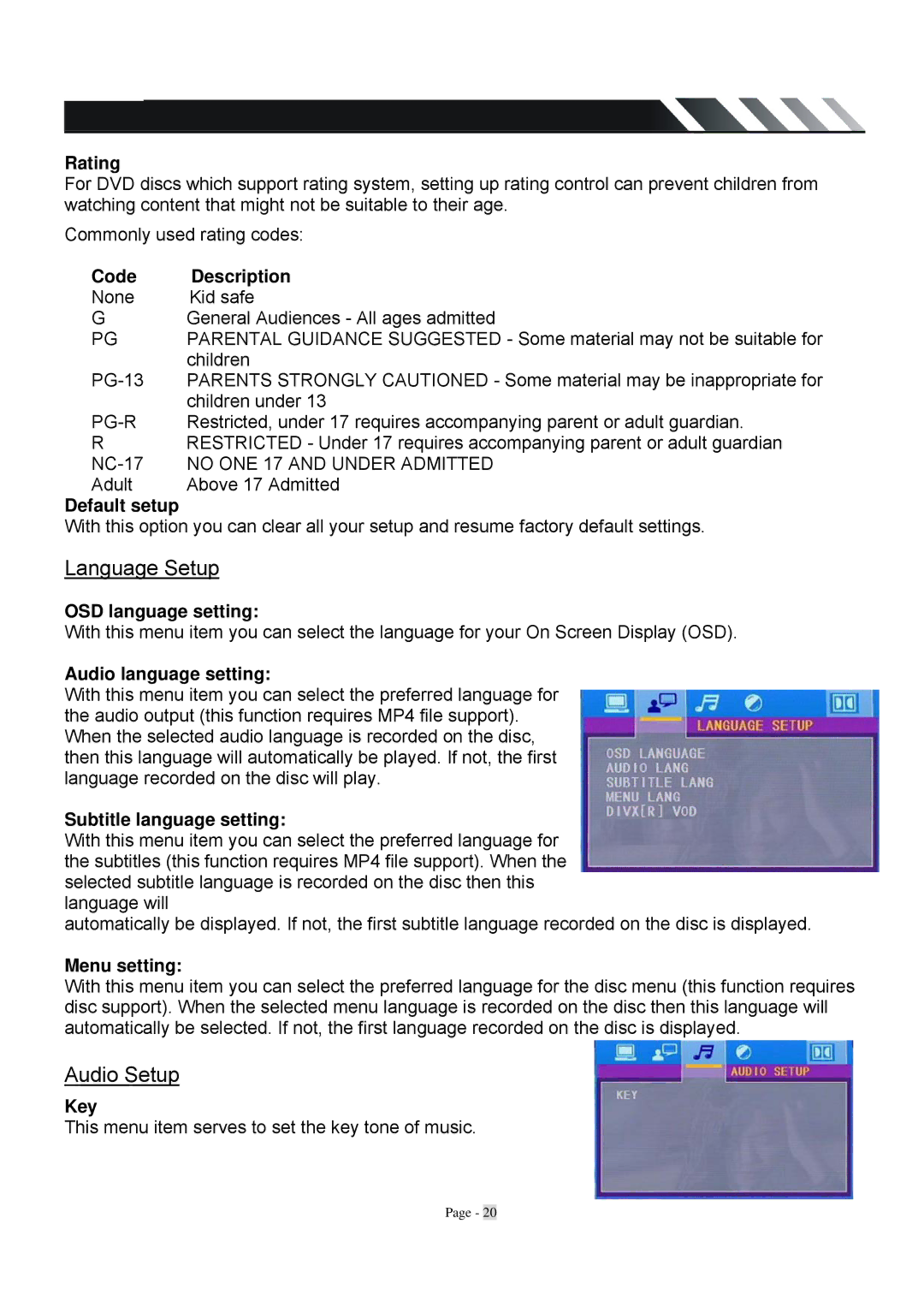 Farenheit Technologies TID-320T owner manual Language Setup, Audio Setup 