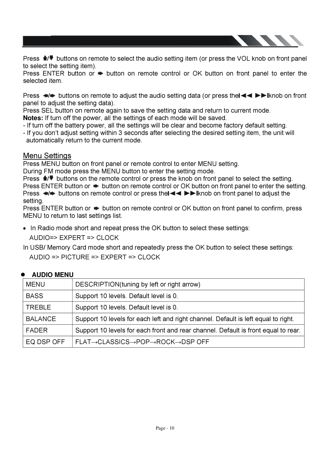 Farenheit Technologies TID-360T owner manual Menu Settings, Audio Menu 