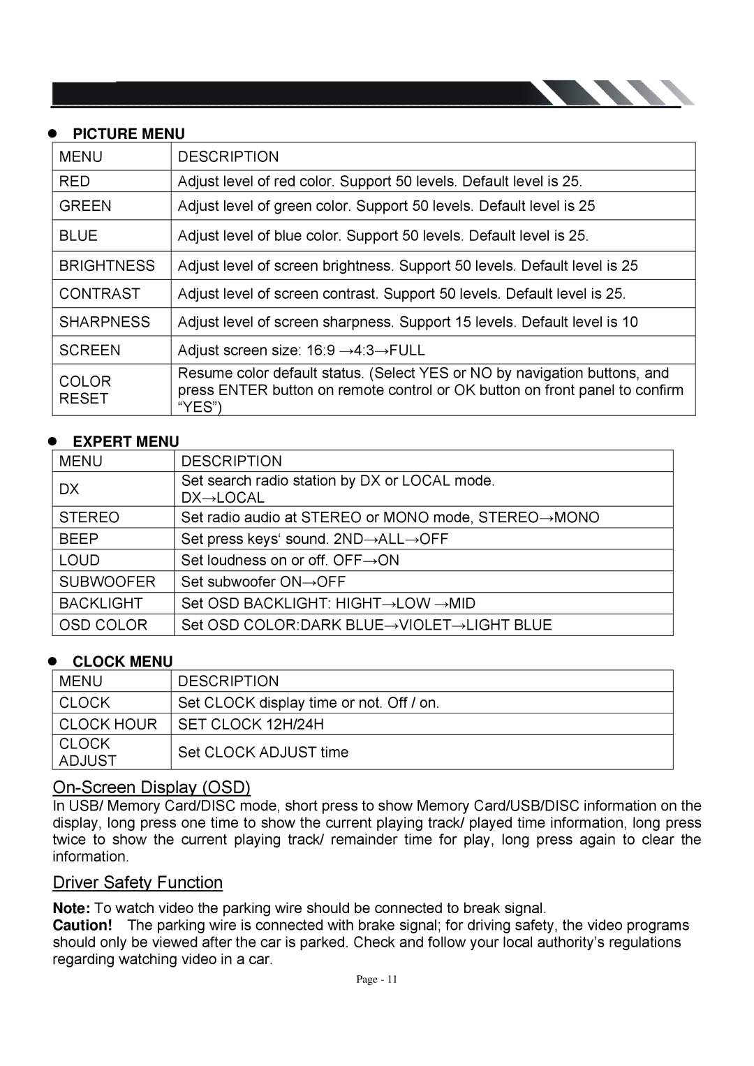 Farenheit Technologies TID-360T owner manual On-Screen Display OSD, Driver Safety Function, Picture Menu, Expert Menu 