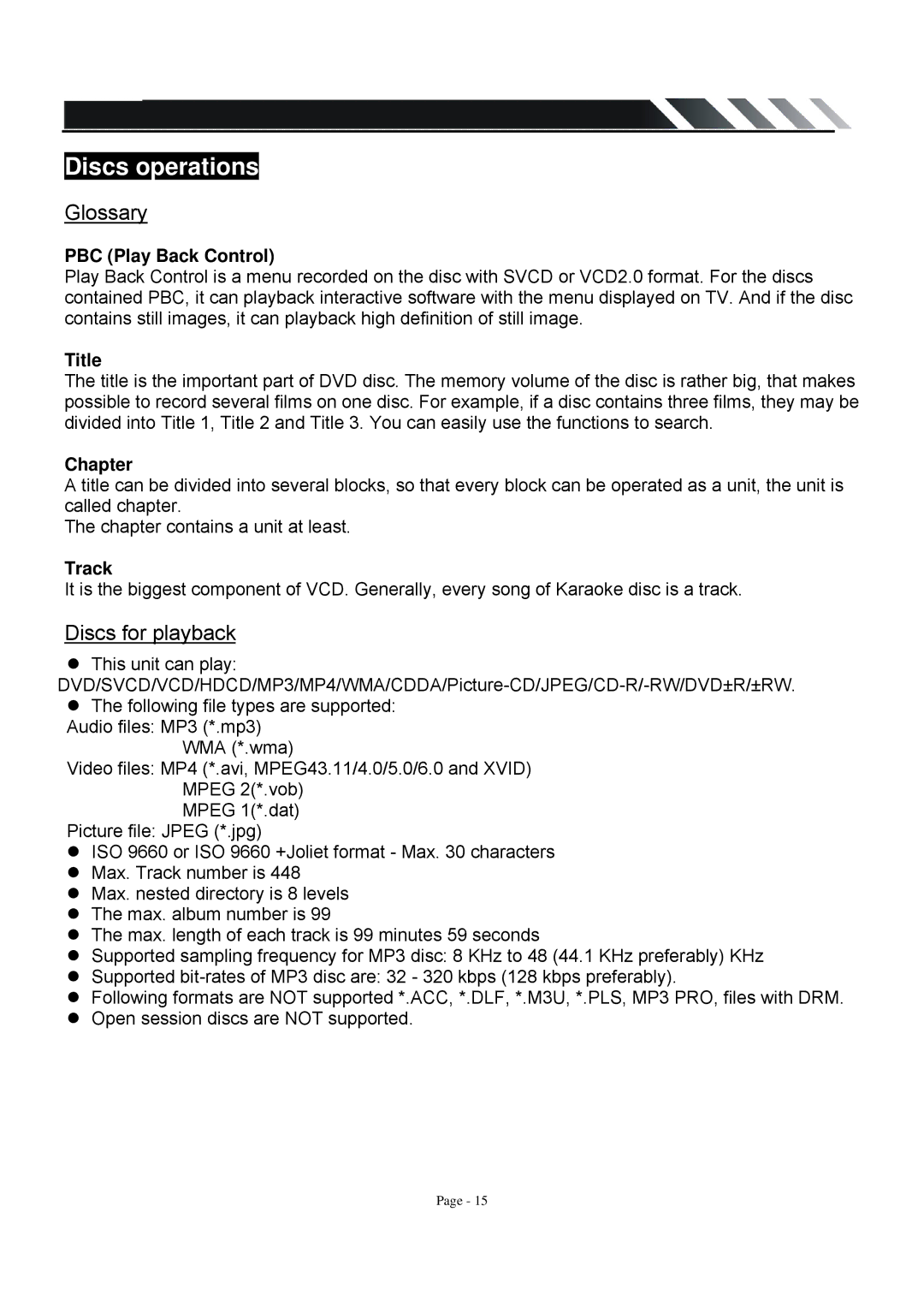 Farenheit Technologies TID-360T owner manual Discs operations, Glossary, Discs for playback 