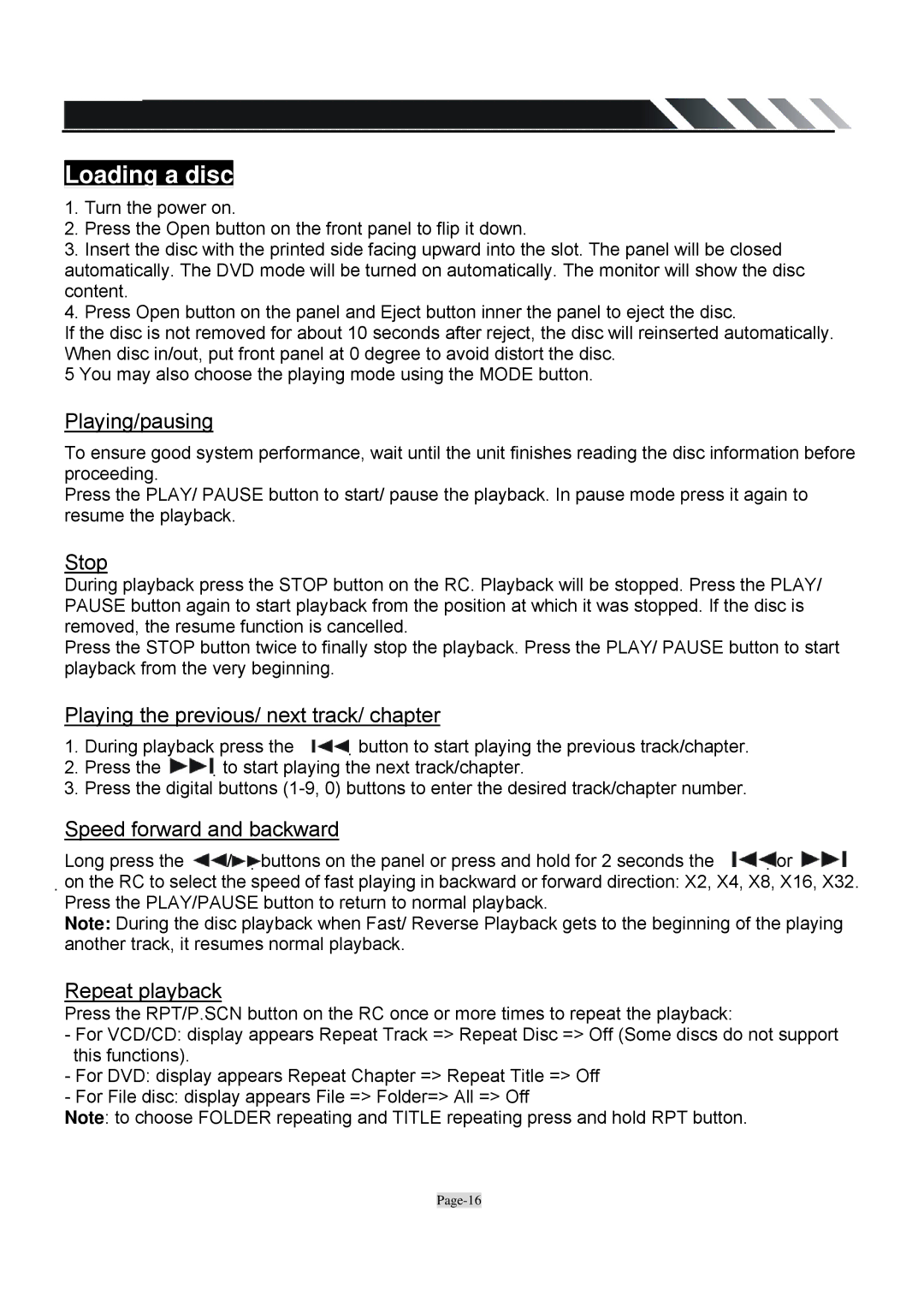 Farenheit Technologies TID-360T owner manual Loading a disc 