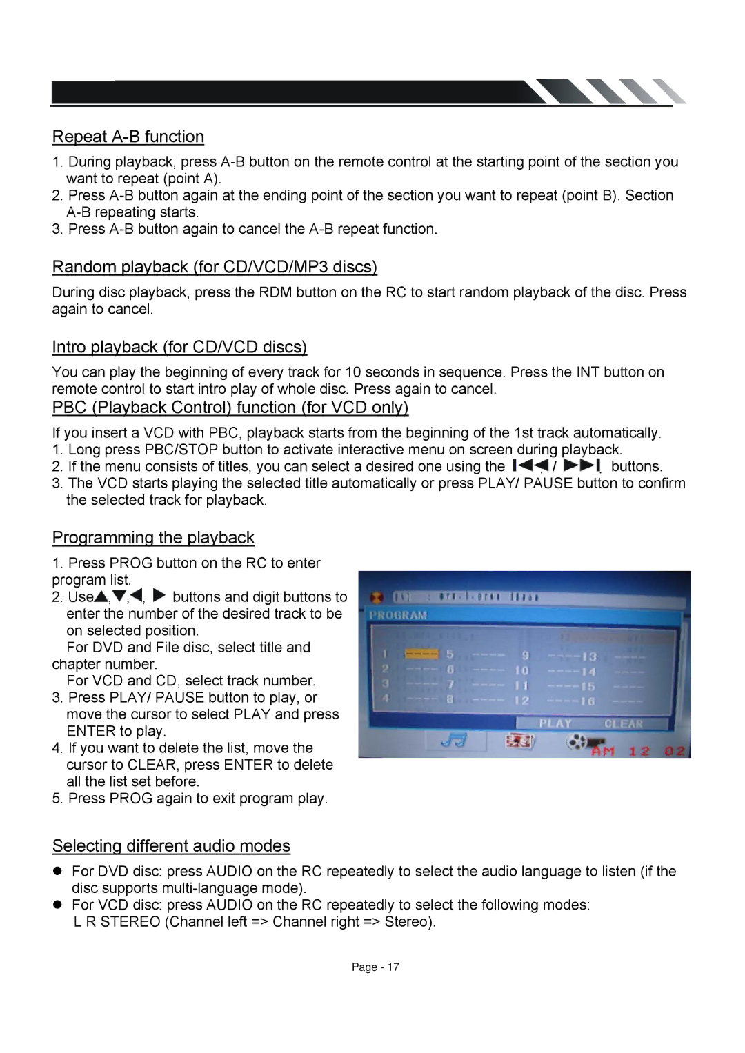 Farenheit Technologies TID-360T owner manual Random playback for CD/VCD/MP3 discs, Intro playback for CD/VCD discs 