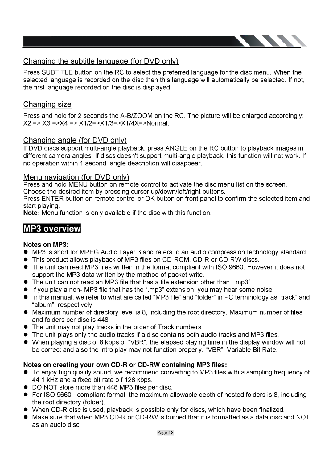 Farenheit Technologies TID-360T owner manual MP3 overview, Changing the subtitle language for DVD only, Changing size 