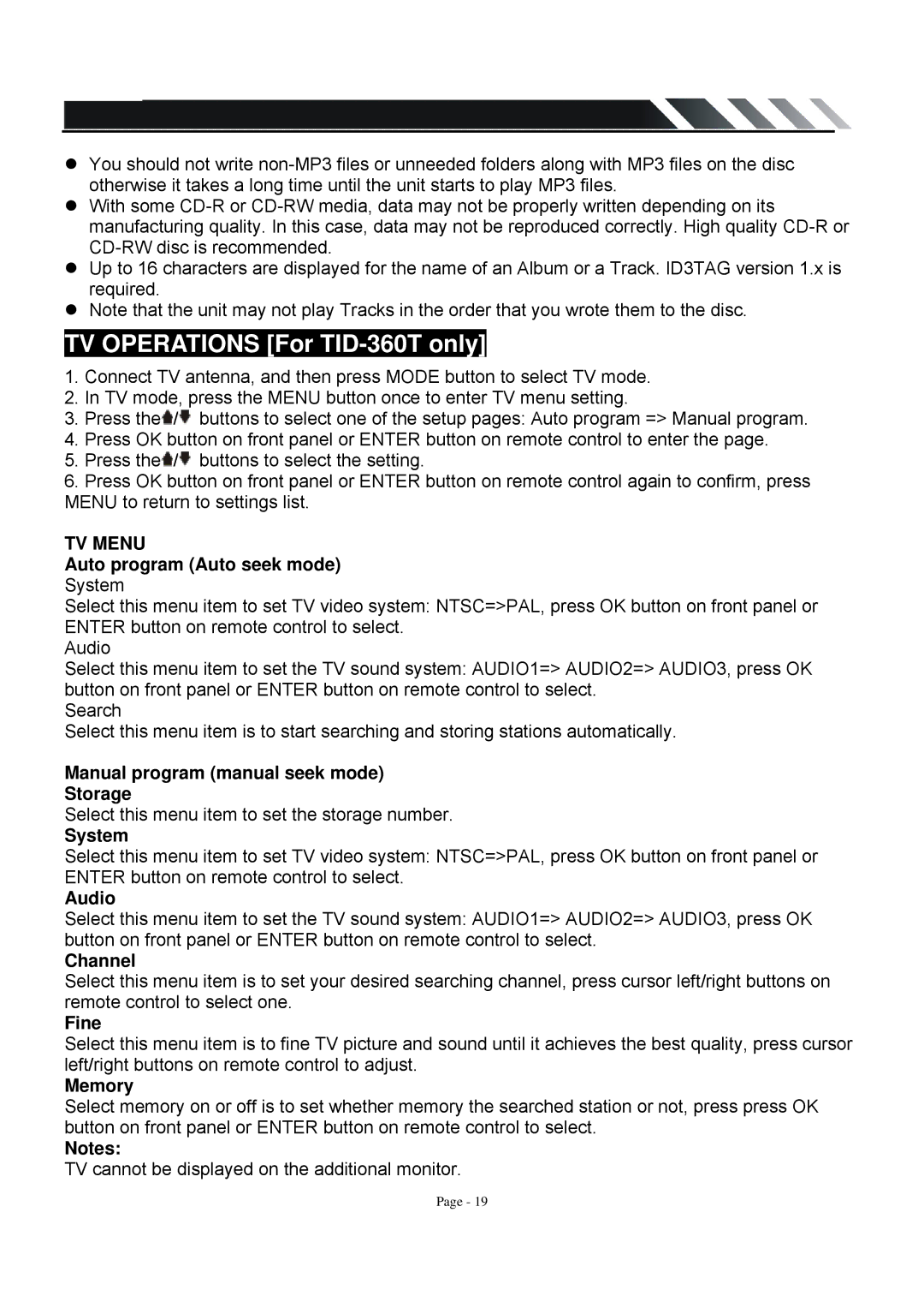 Farenheit Technologies owner manual TV Operations For TID-360T only 