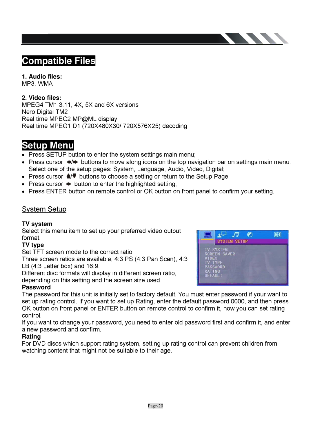 Farenheit Technologies TID-360T owner manual Compatible Files, Setup Menu, System Setup 