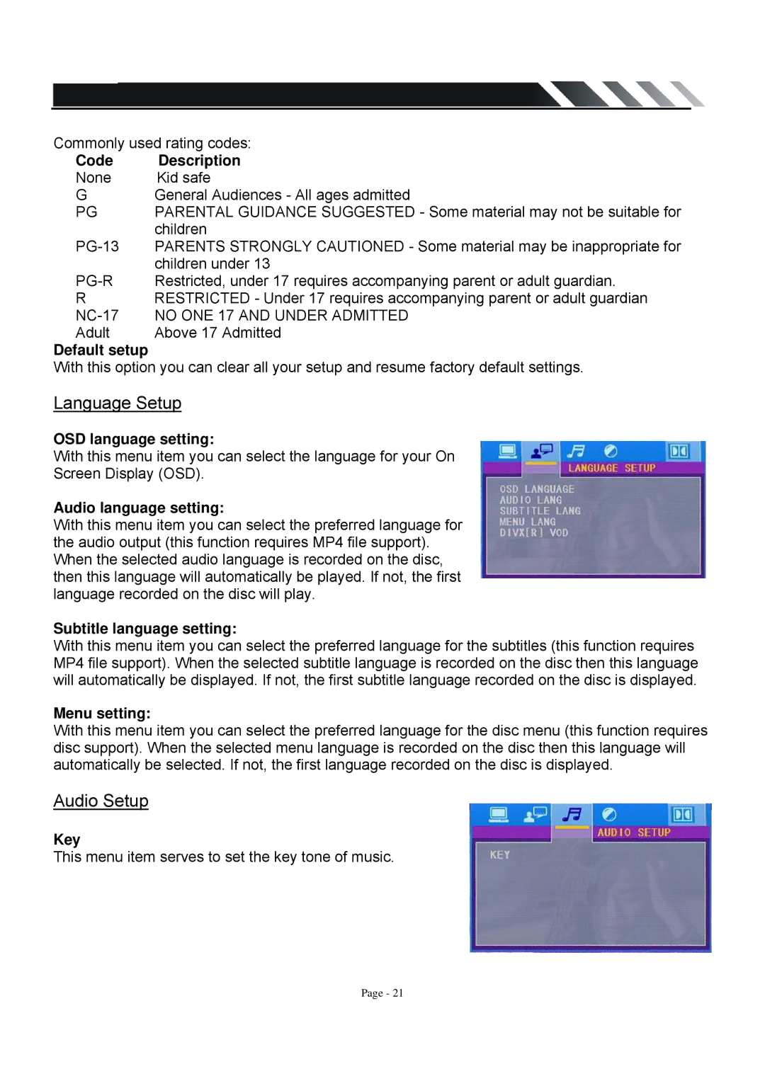 Farenheit Technologies TID-360T owner manual Language Setup, Audio Setup 