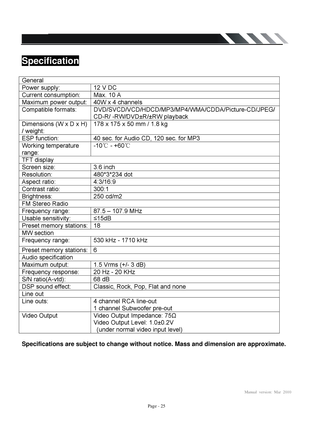 Farenheit Technologies TID-360T owner manual Specification 