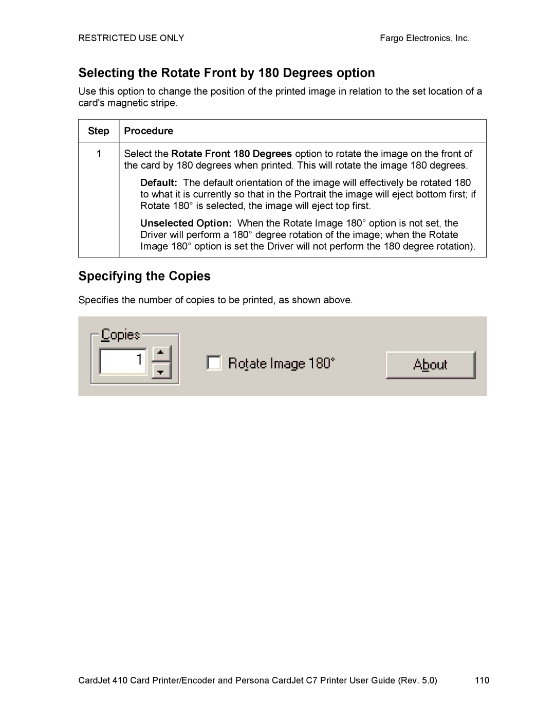 FARGO electronic 410 manual Selecting the Rotate Front by 180 Degrees option, Specifying the Copies 