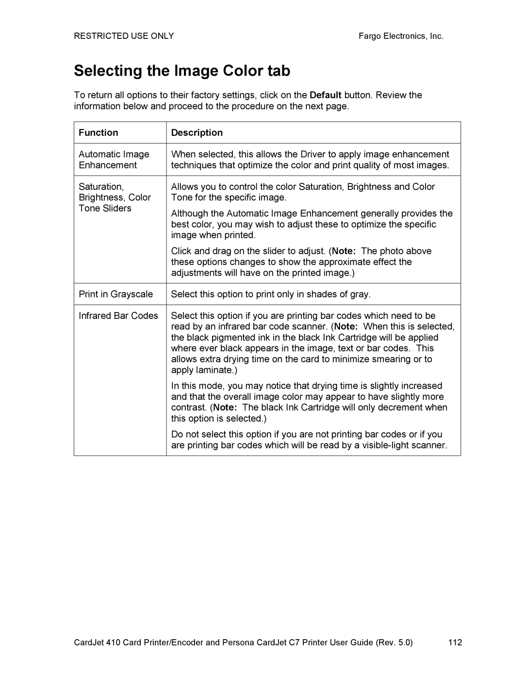 FARGO electronic 410 manual Selecting the Image Color tab, Function Description 