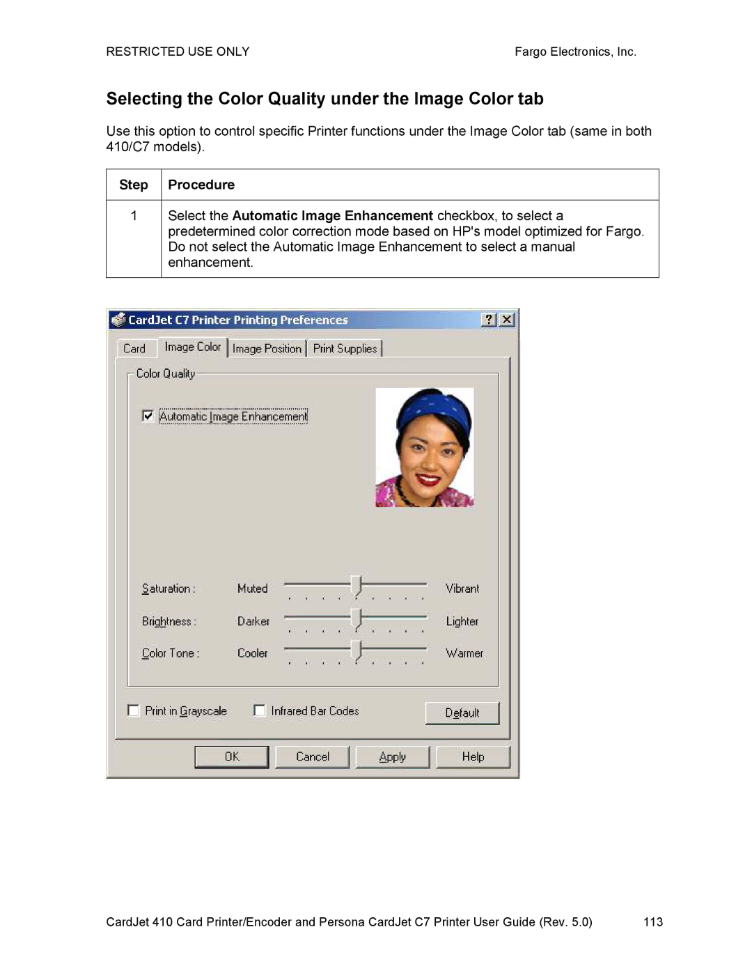 FARGO electronic 410 manual Selecting the Color Quality under the Image Color tab, Step Procedure 