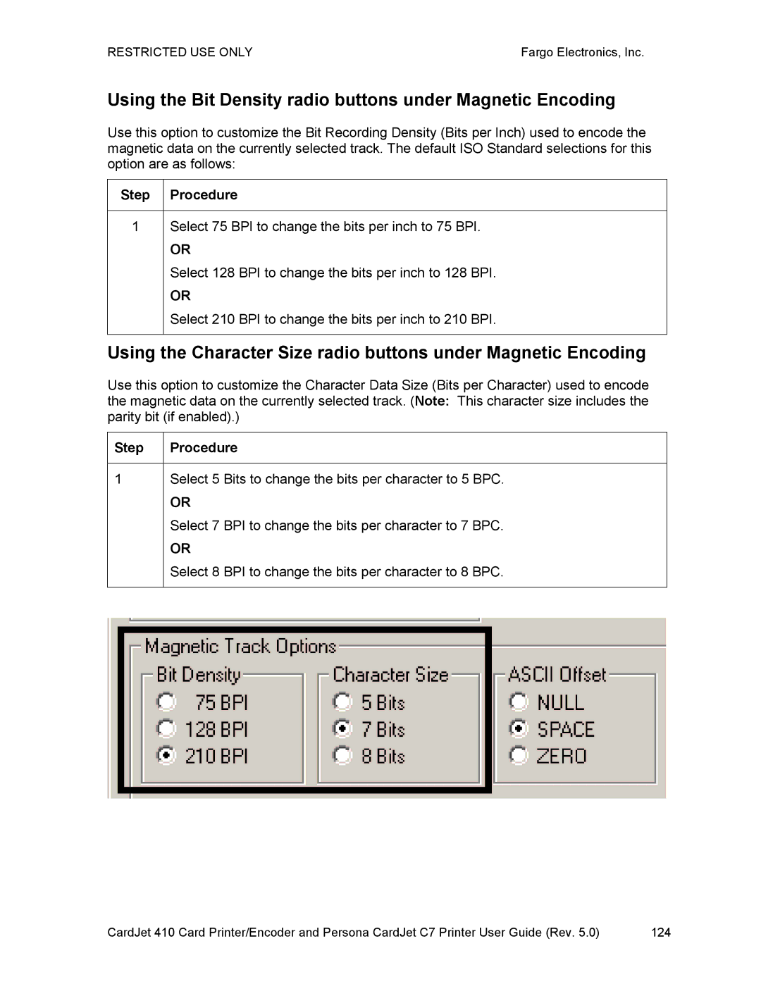 FARGO electronic 410 manual Using the Bit Density radio buttons under Magnetic Encoding, Step 