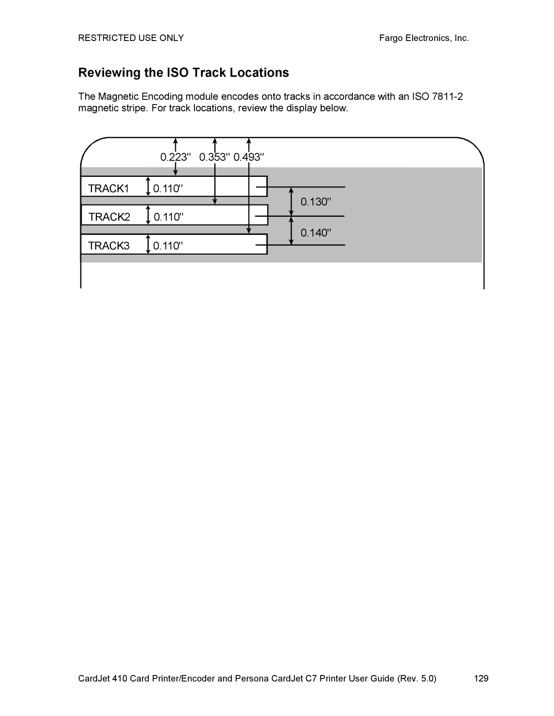 FARGO electronic 410 manual Reviewing the ISO Track Locations, 223 0.353 TRACK1 130 TRACK2 140 TRACK3 