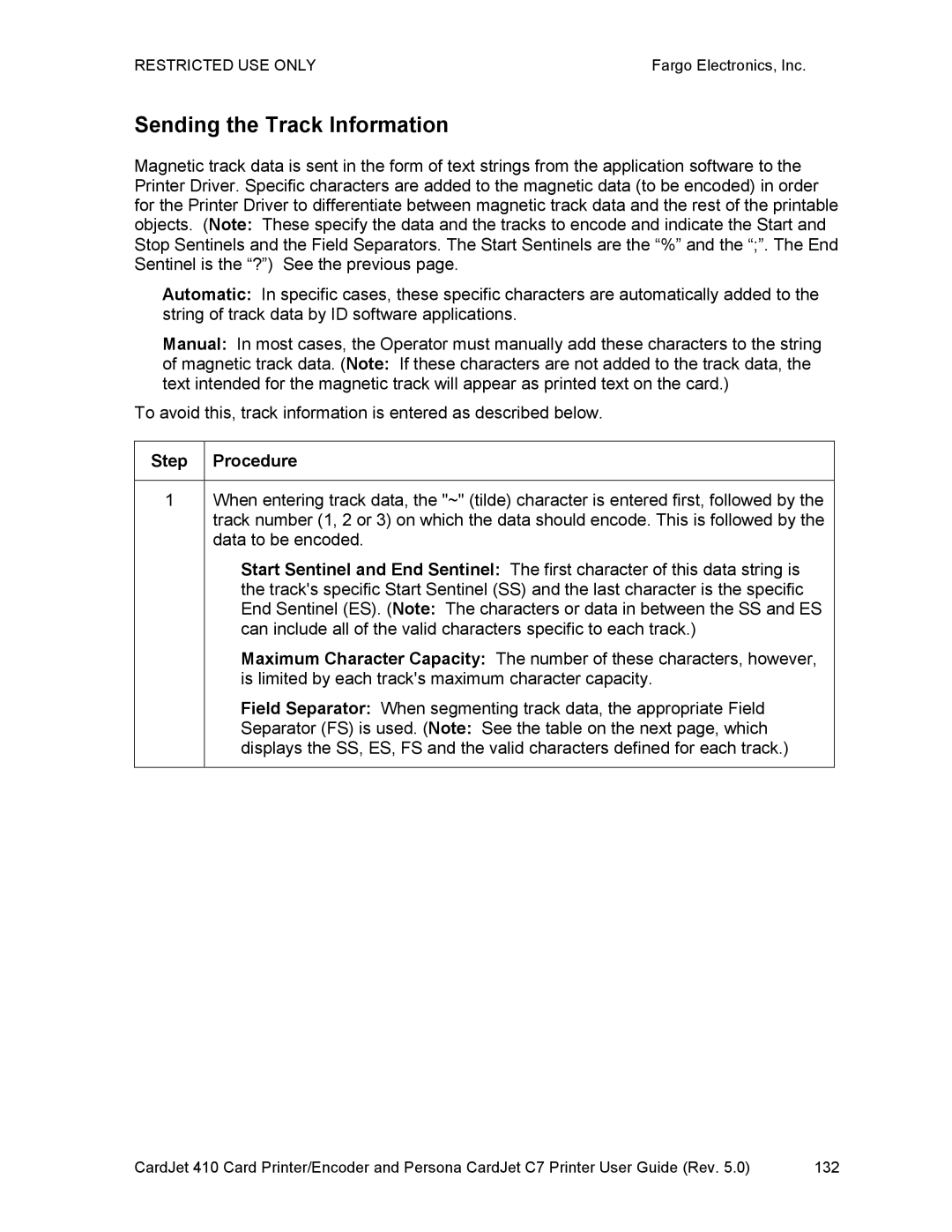 FARGO electronic 410 manual Sending the Track Information, Step Procedure 