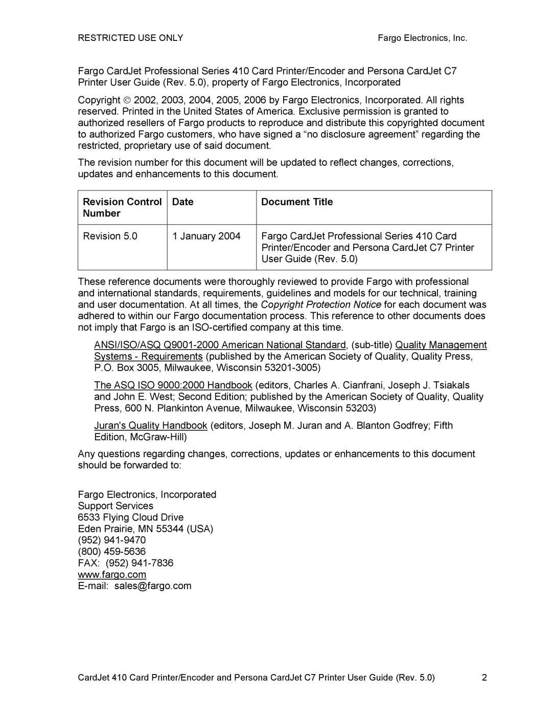 FARGO electronic 410 manual Revision Control Date Document Title Number 