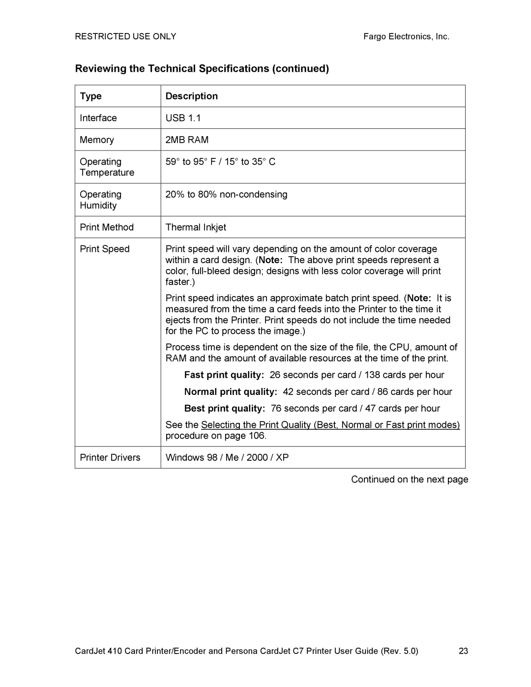 FARGO electronic 410 manual Reviewing the Technical Specifications, Interface USB Memory 