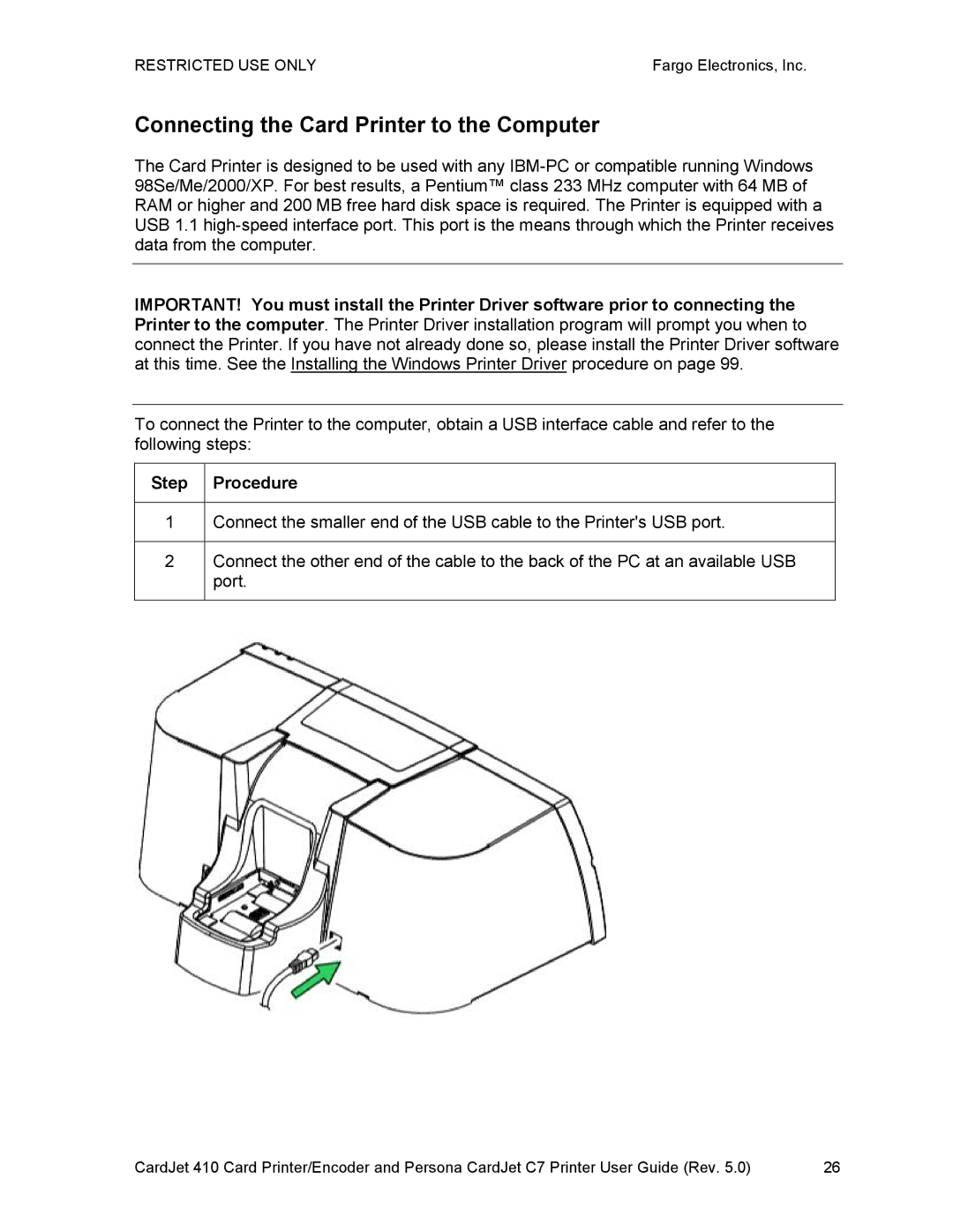 FARGO electronic 410 manual Connecting the Card Printer to the Computer 