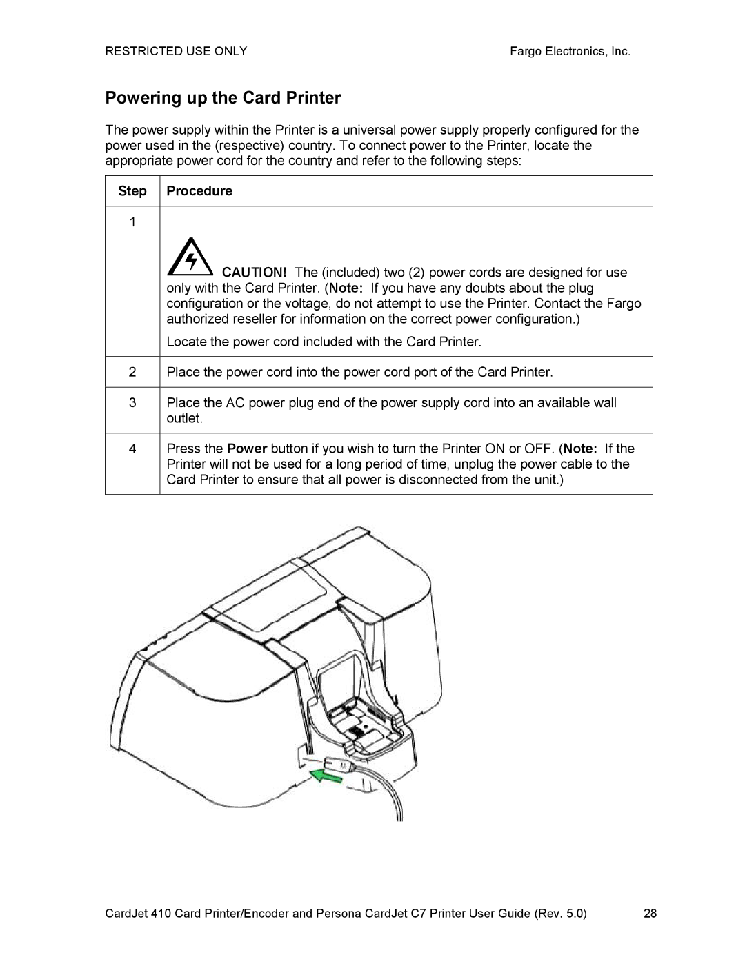 FARGO electronic 410 manual Powering up the Card Printer, Locate the power cord included with the Card Printer, Outlet 