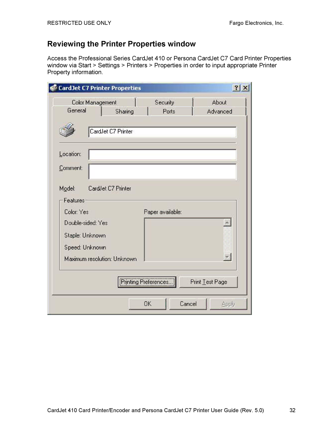 FARGO electronic 410 manual Reviewing the Printer Properties window 