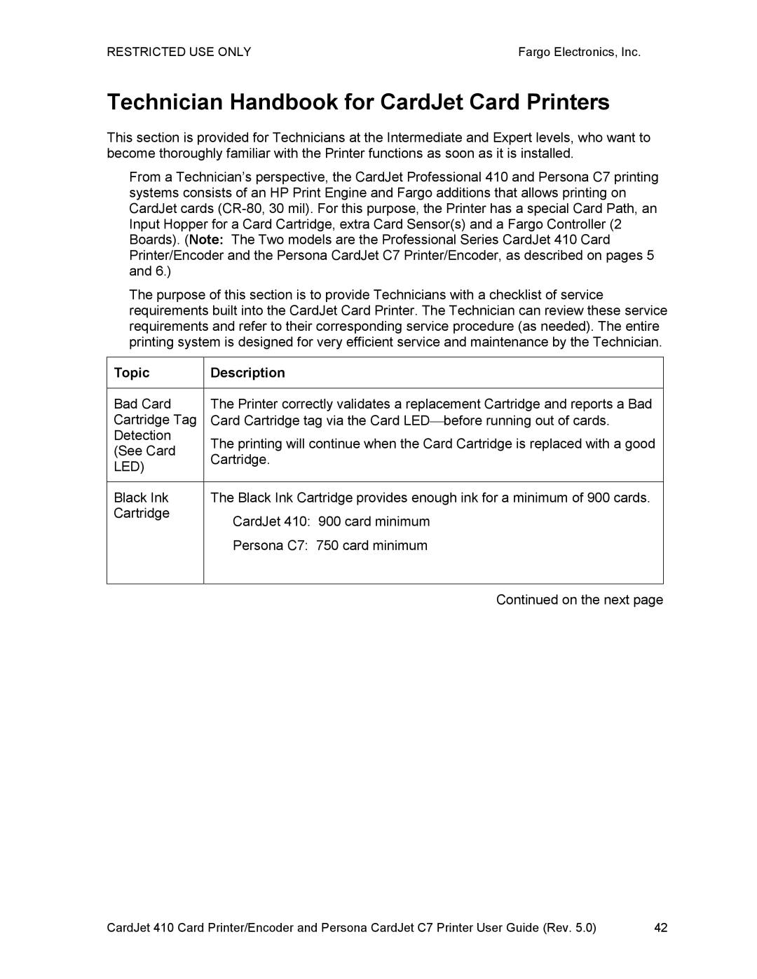 FARGO electronic 410 manual Technician Handbook for CardJet Card Printers, Topic Description 