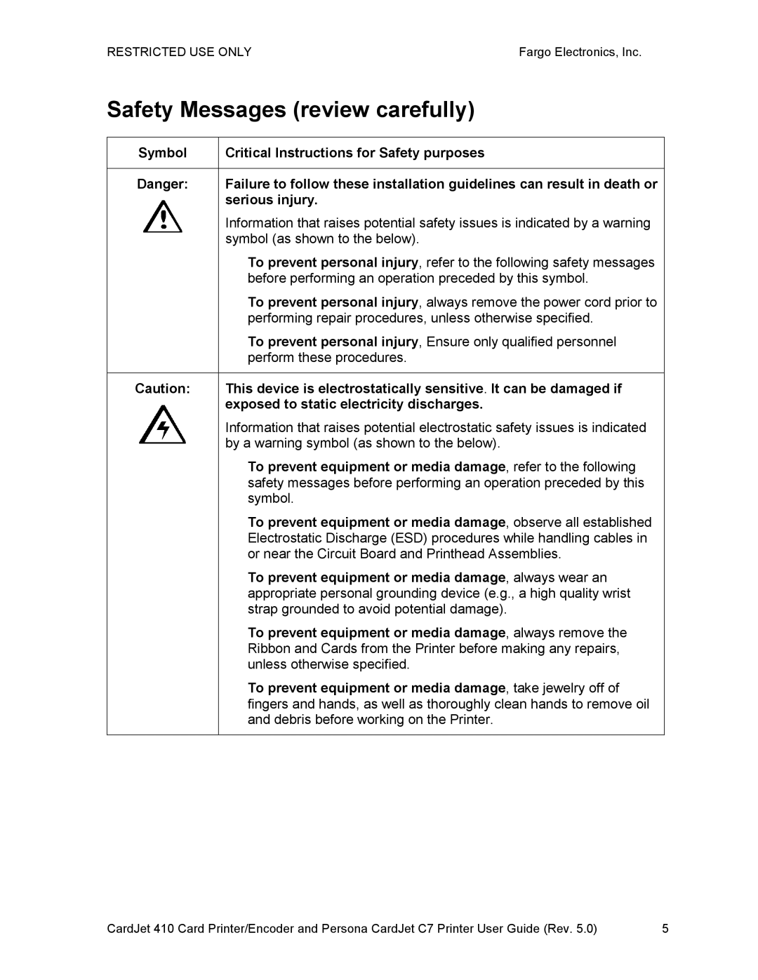 FARGO electronic 410 manual Safety Messages review carefully, Exposed to static electricity discharges 