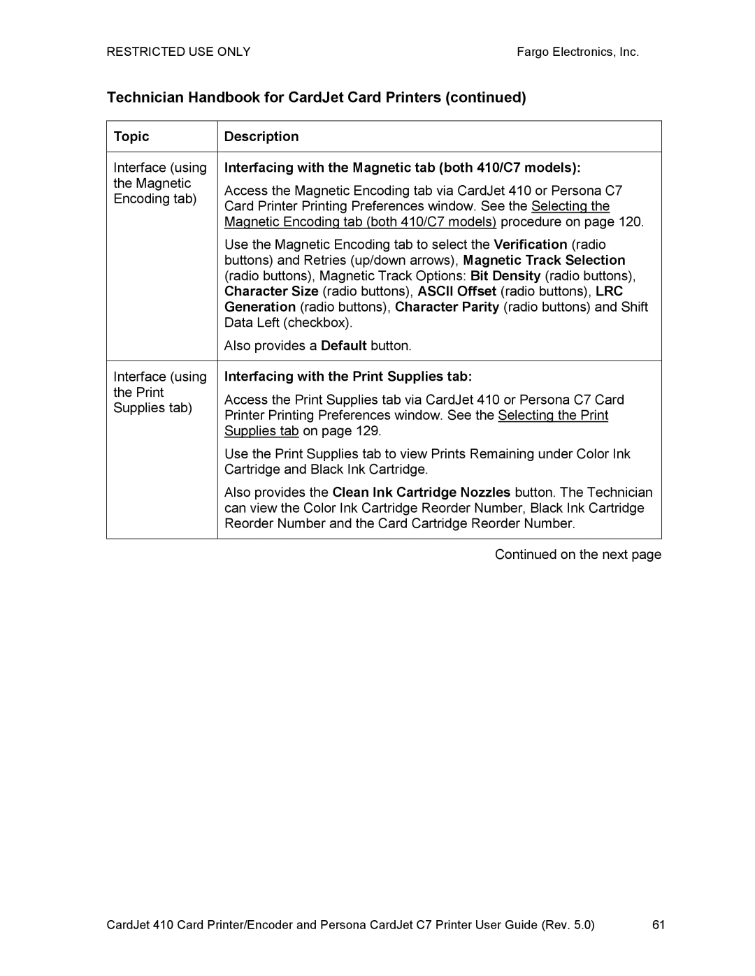 FARGO electronic manual Interfacing with the Magnetic tab both 410/C7 models, Interfacing with the Print Supplies tab 