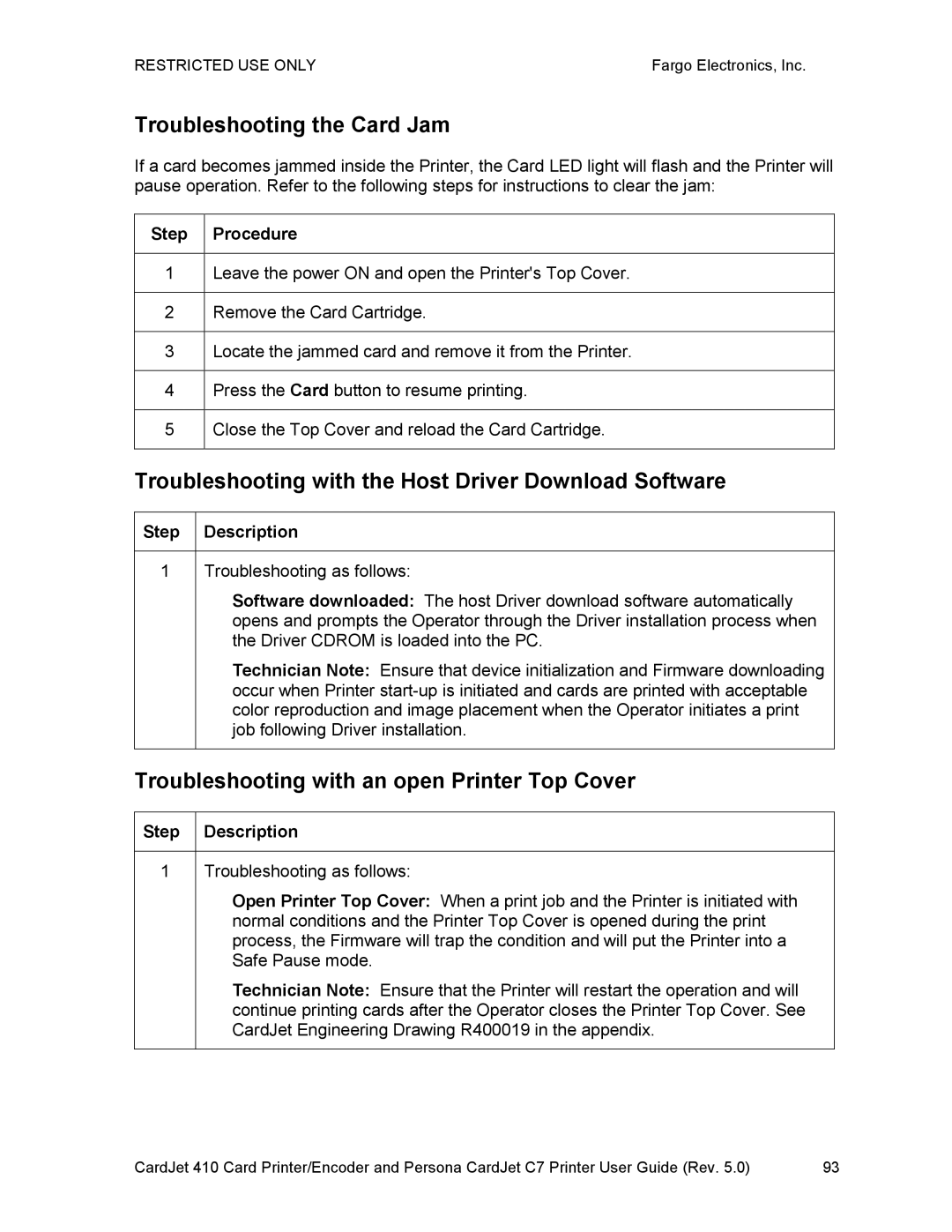 FARGO electronic 410 manual Troubleshooting the Card Jam, Troubleshooting with the Host Driver Download Software 