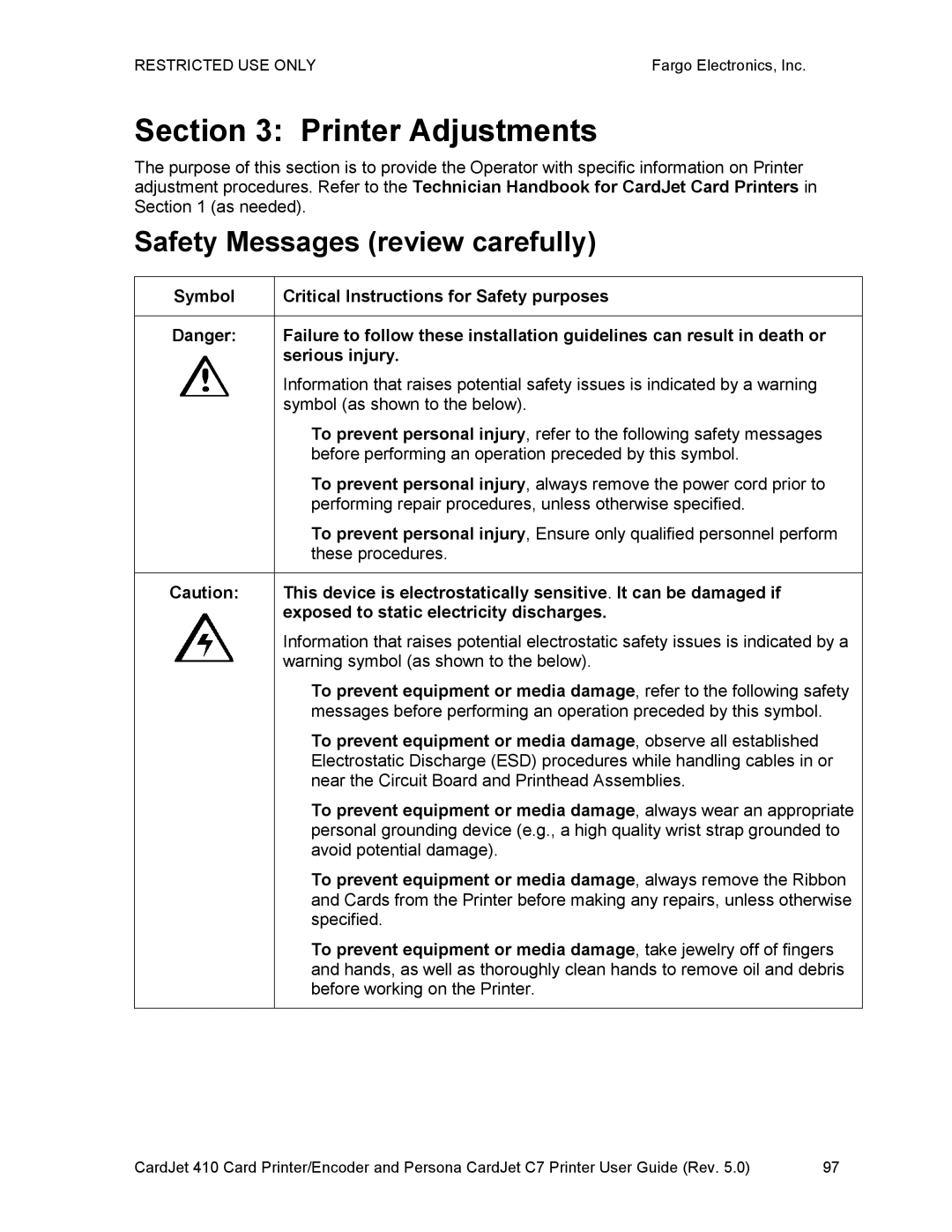 FARGO electronic 410 manual Printer Adjustments 