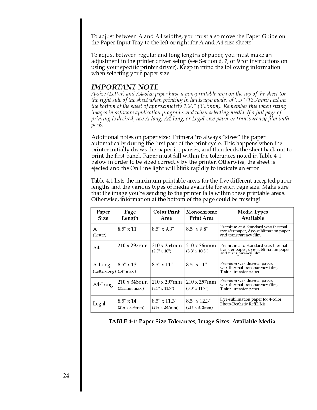 FARGO electronic 76502, 76505, 76501, 76504, 76503, 76500 Important Note, Paper Size Tolerances, Image Sizes, Available Media 