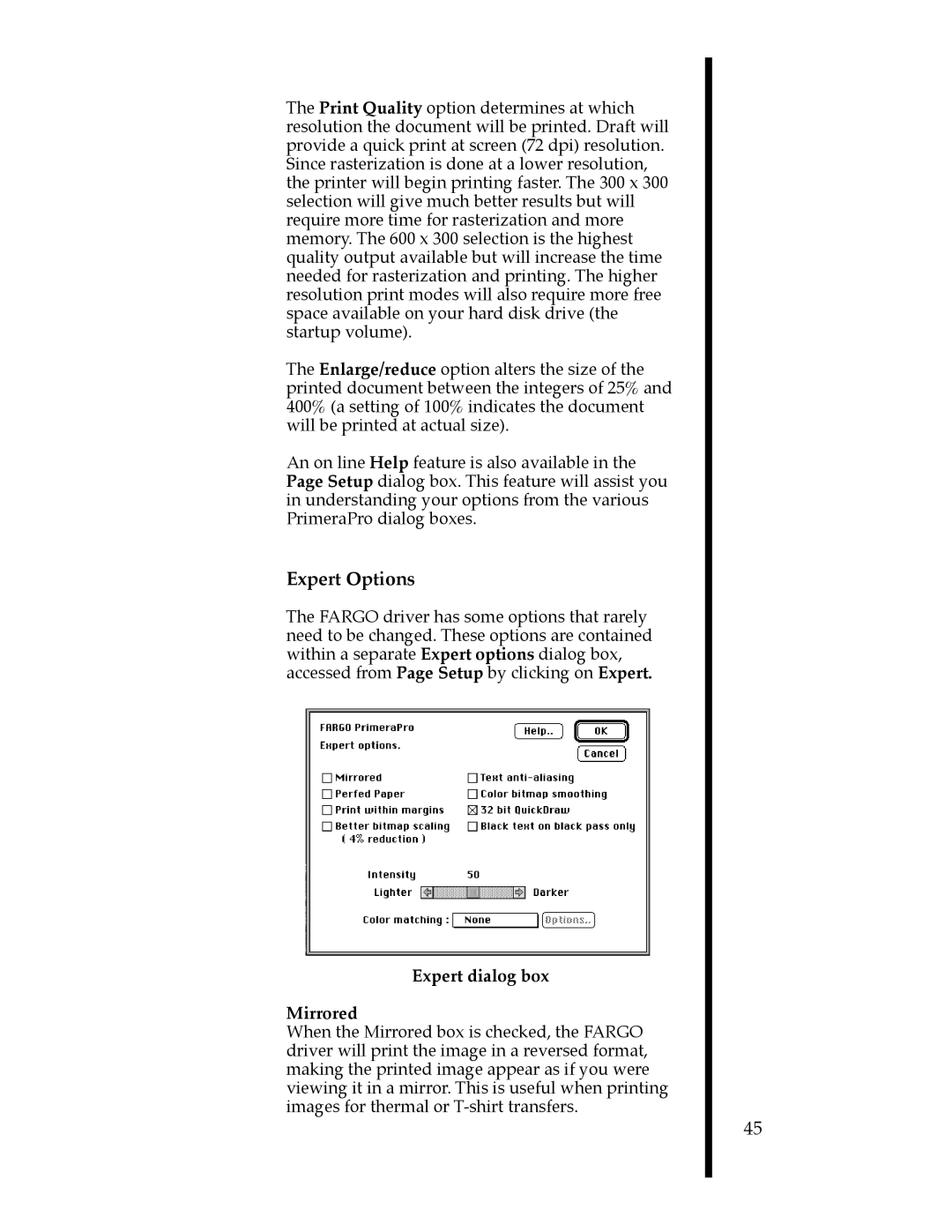 FARGO electronic 76500, 76505, 76501, 76502, 76504, 76503 manual Expert Options, Expert dialog box Mirrored 