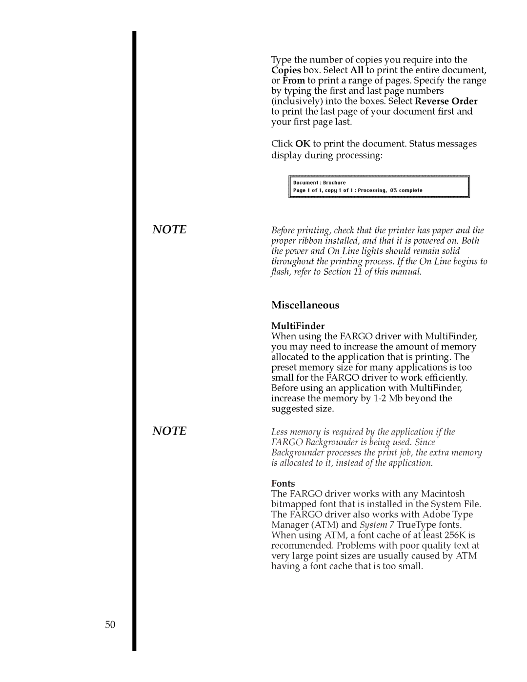 FARGO electronic 76503, 76505, 76501, 76502, 76504, 76500 manual Miscellaneous, Fonts 