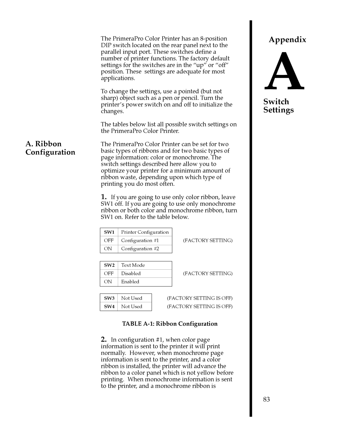 FARGO electronic 76501, 76505, 76502, 76504, 76503, 76500 manual Appendix Switch Settings, Table A-1 Ribbon Configuration 