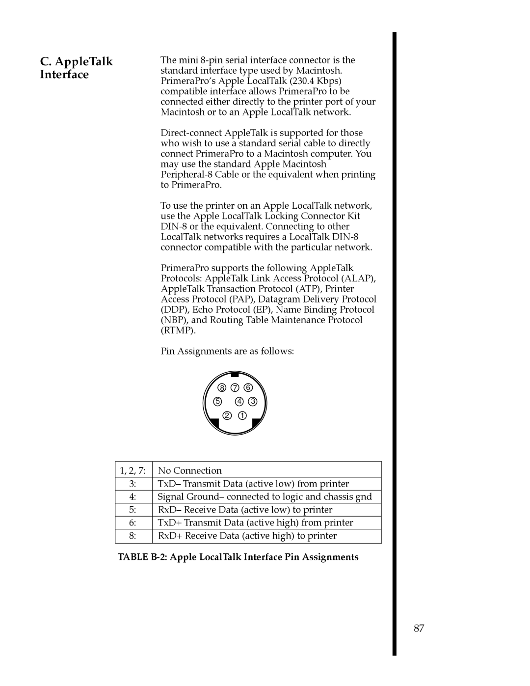 FARGO electronic 76500, 76505, 76501, 76502, 76504 AppleTalk Interface, Table B-2 Apple LocalTalk Interface Pin Assignments 