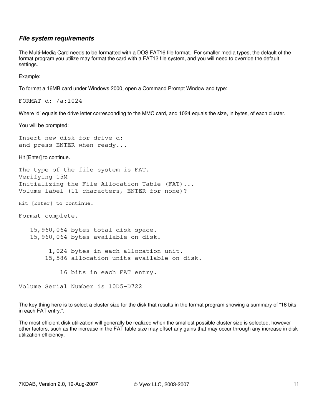 FARGO electronic 7KDAB manual File system requirements, Format d /a1024 