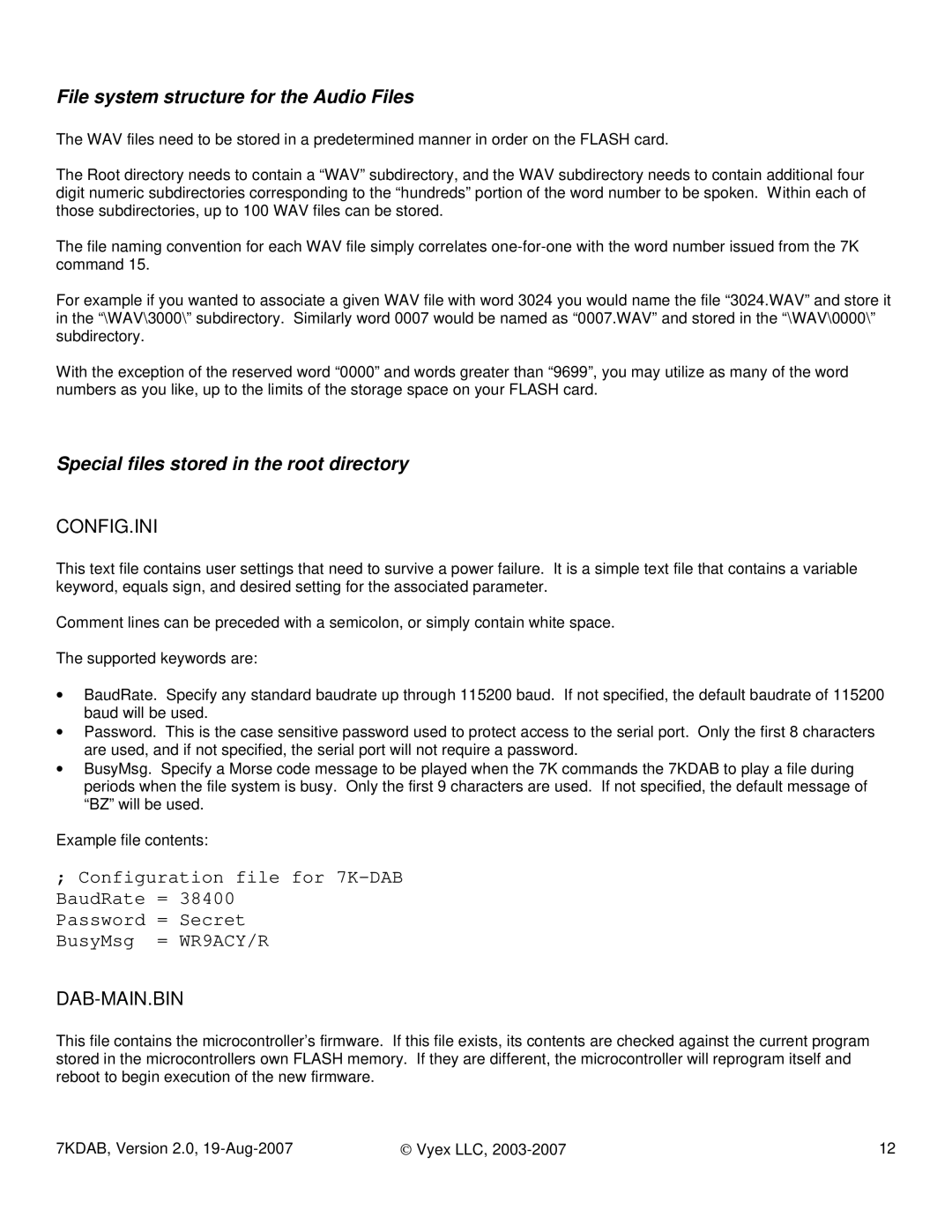 FARGO electronic 7KDAB manual File system structure for the Audio Files, Special files stored in the root directory 