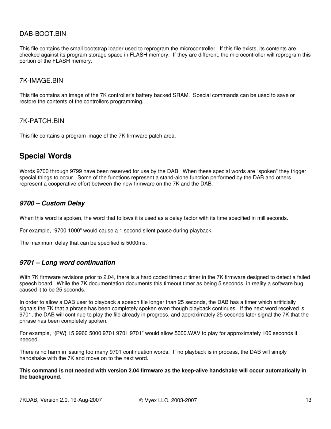 FARGO electronic 7KDAB manual Special Words, Custom Delay, Long word continuation 