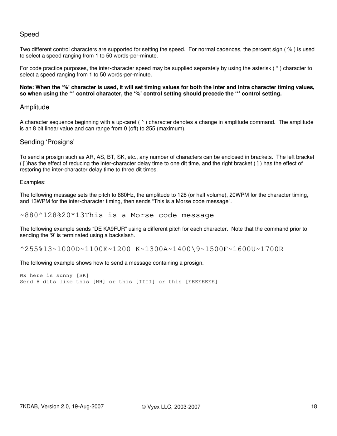 FARGO electronic 7KDAB manual Speed, Amplitude, Sending ‘Prosigns’ 