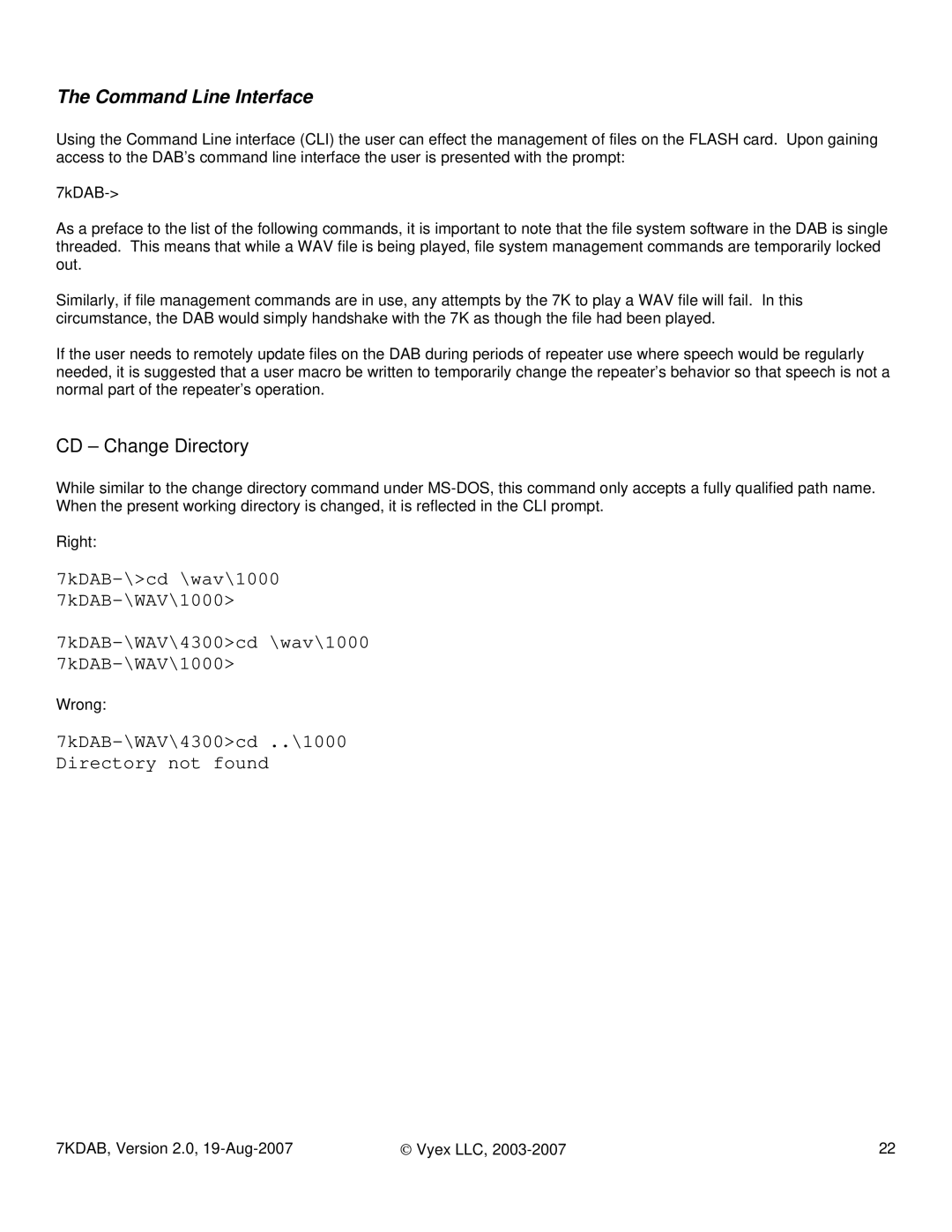 FARGO electronic 7KDAB manual Command Line Interface, CD Change Directory 