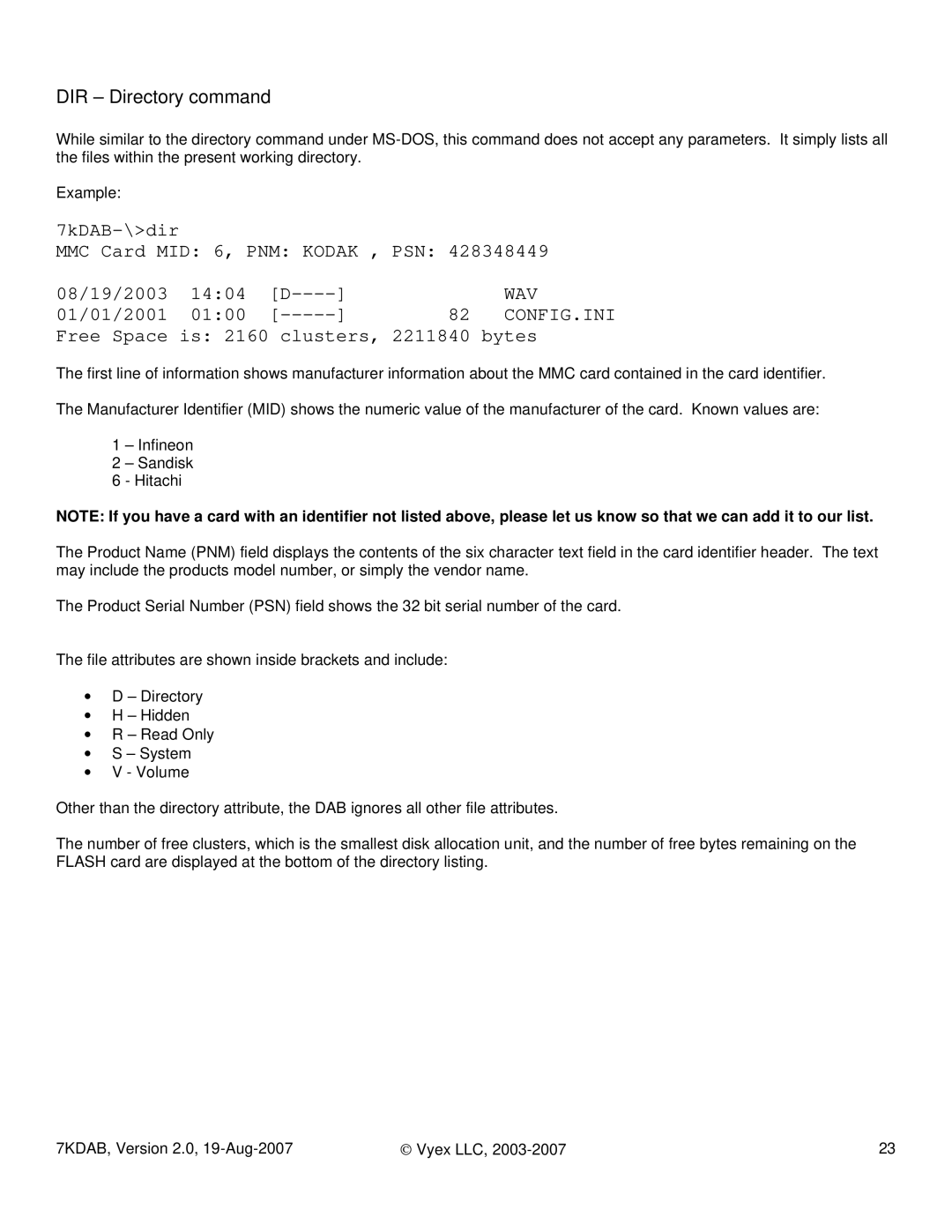 FARGO electronic 7KDAB manual DIR Directory command, Wav 