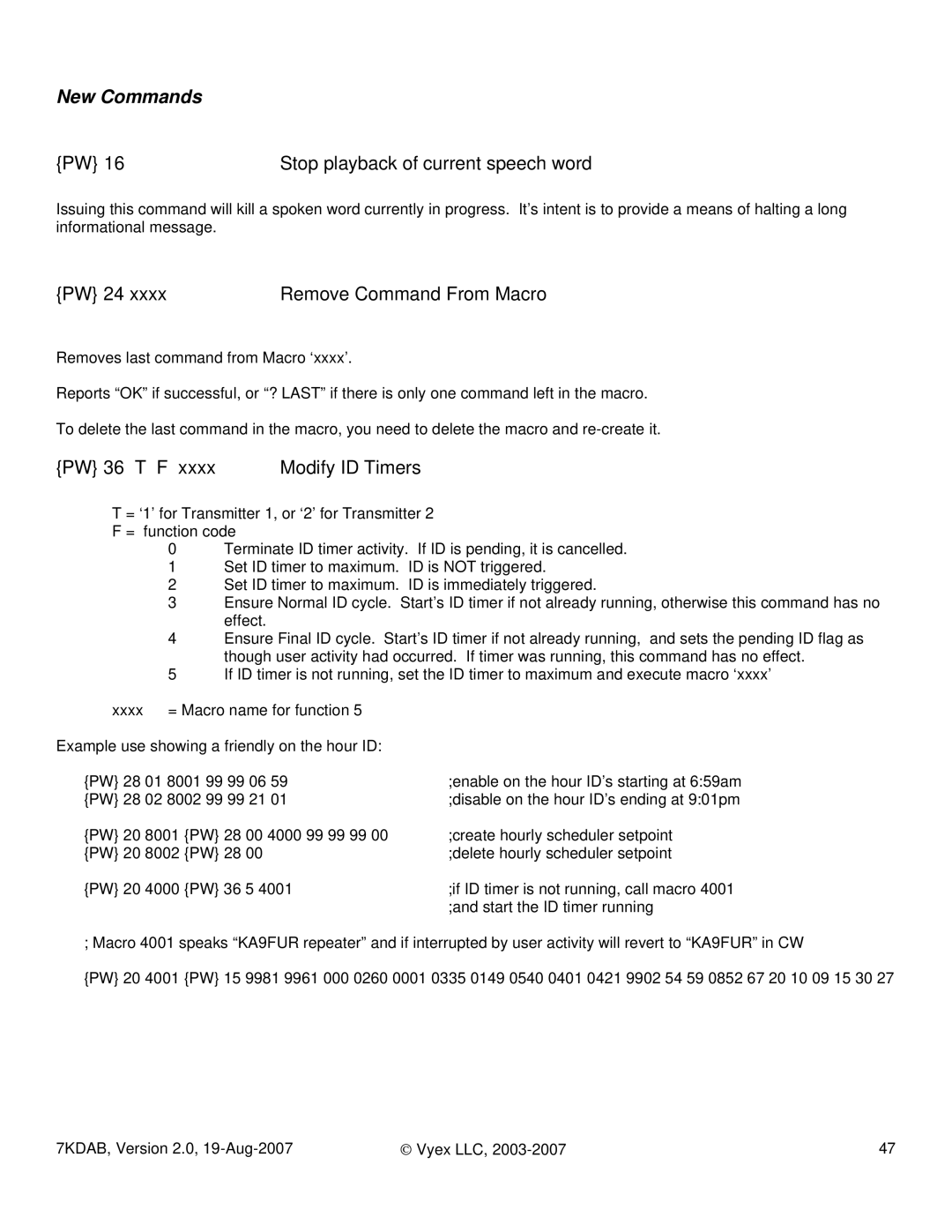 FARGO electronic 7KDAB manual New Commands, Stop playback of current speech word, PW 24 Remove Command From Macro 