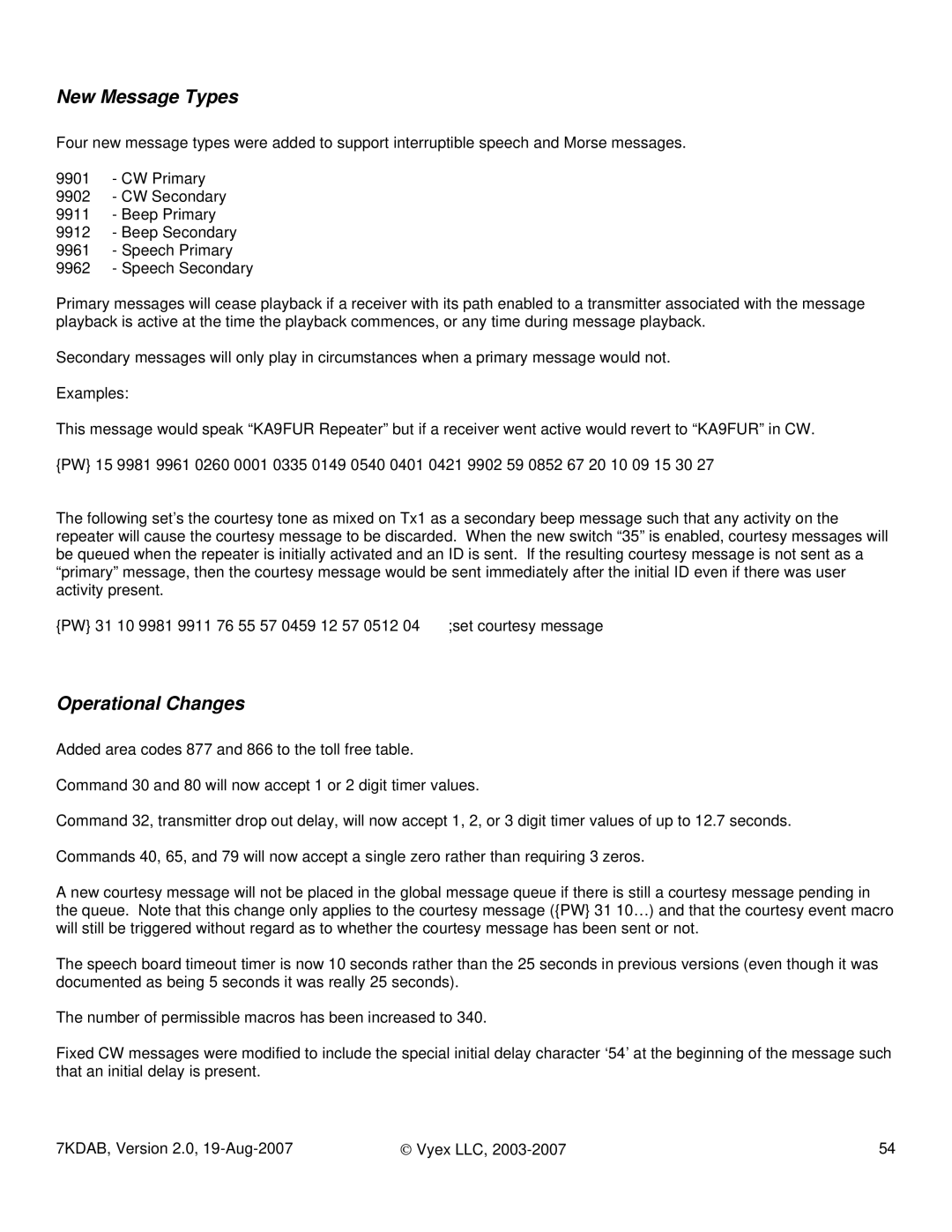 FARGO electronic 7KDAB manual New Message Types, Operational Changes 