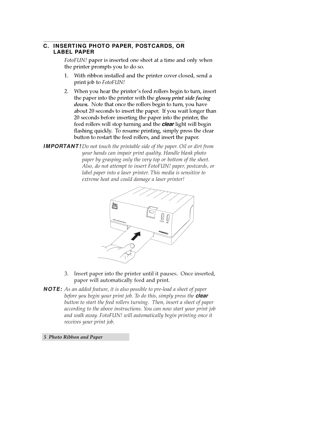 FARGO electronic 970627-510489-(04) manual Inserting Photo PAPER, POSTCARDS, or Label Paper 