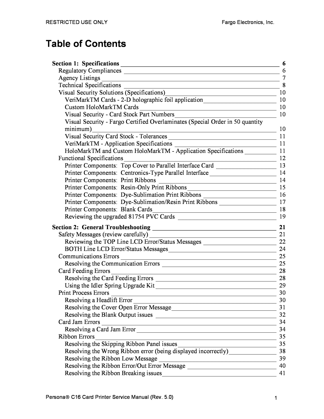FARGO electronic C16 service manual Table of Contents, Specifications, General Troubleshooting 