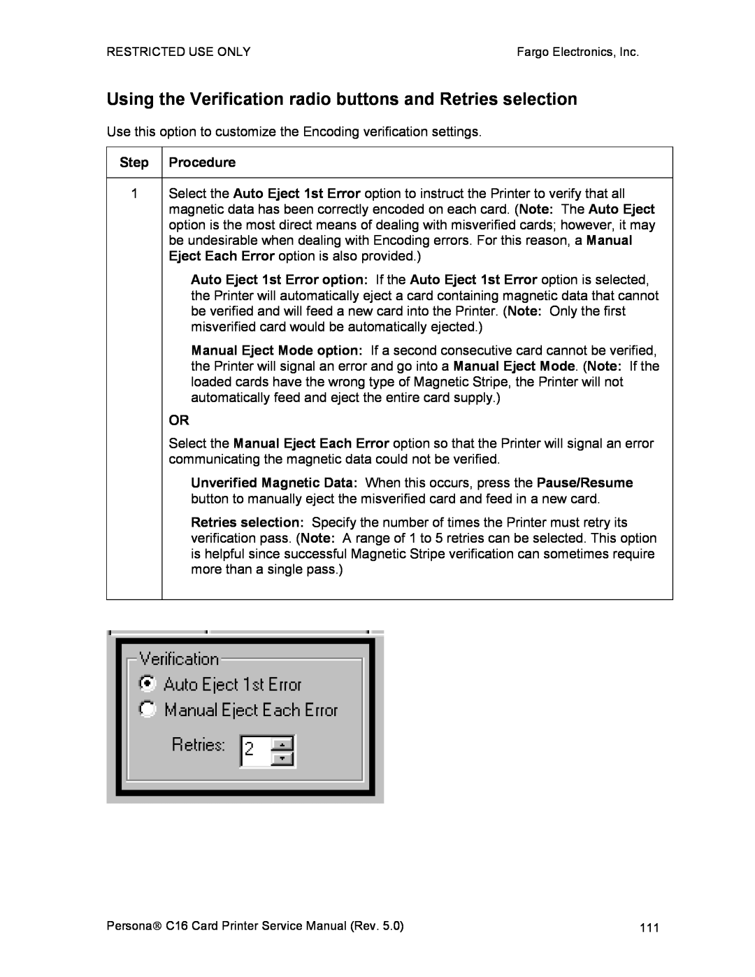 FARGO electronic C16 service manual Using the Verification radio buttons and Retries selection 