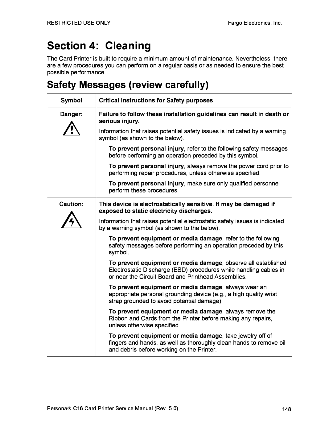 FARGO electronic C16 service manual Cleaning, Safety Messages review carefully 