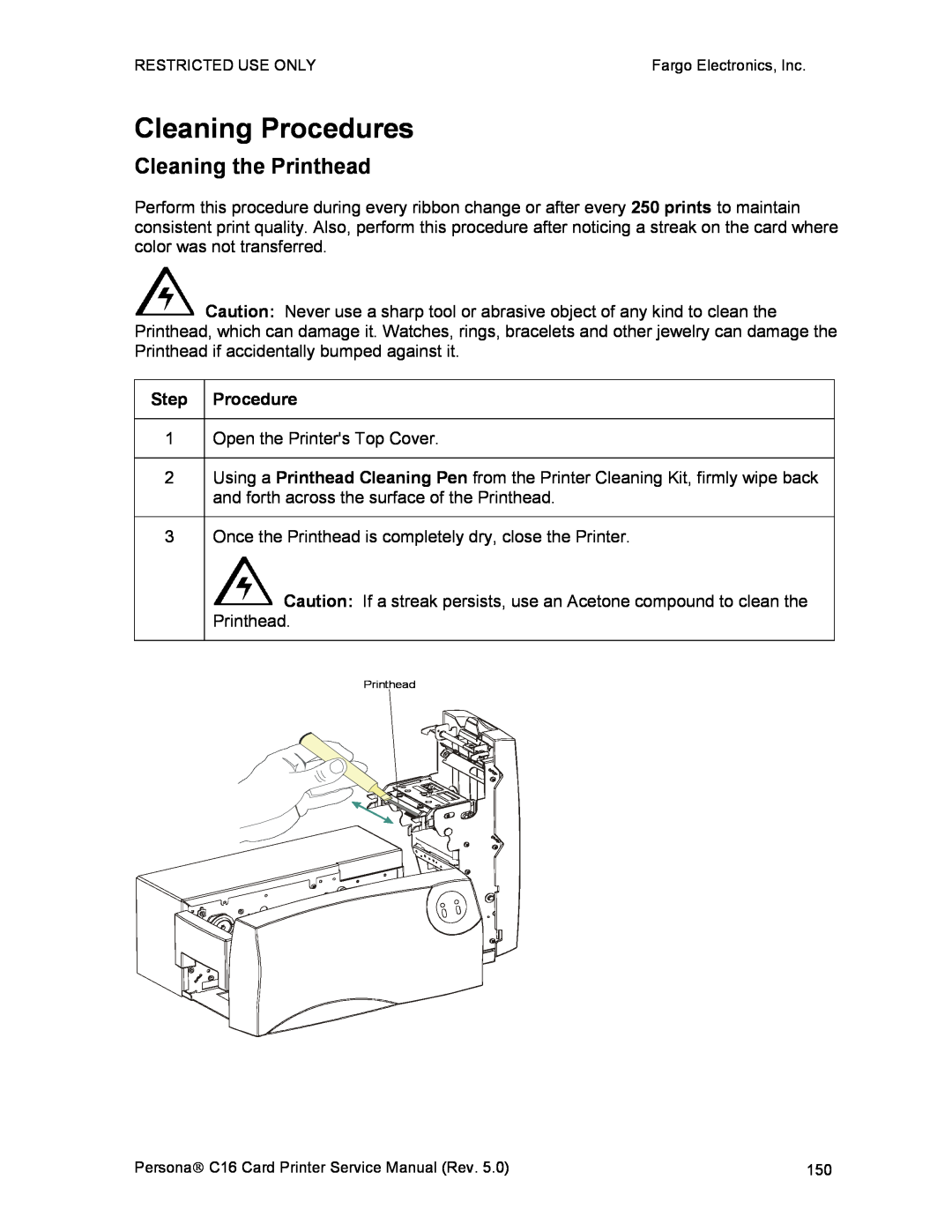 FARGO electronic C16 service manual Cleaning Procedures, Cleaning the Printhead 
