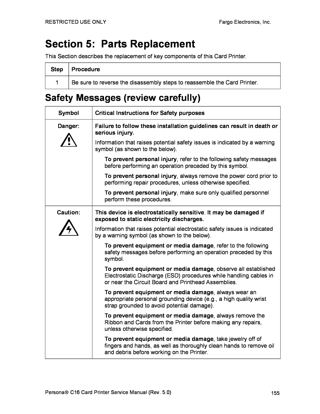 FARGO electronic C16 service manual Parts Replacement, Safety Messages review carefully 