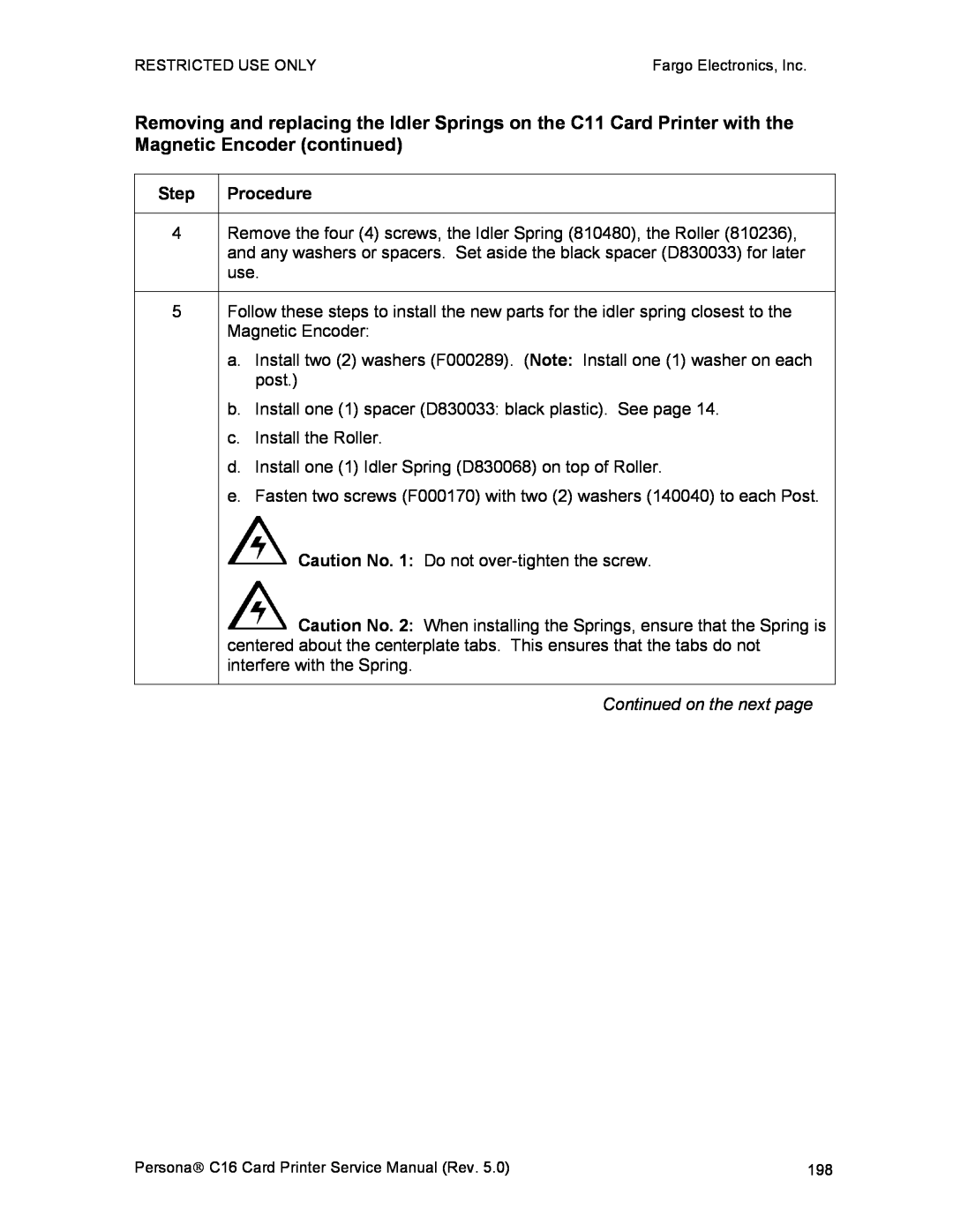 FARGO electronic C16 service manual Step, Procedure, Continued on the next page 