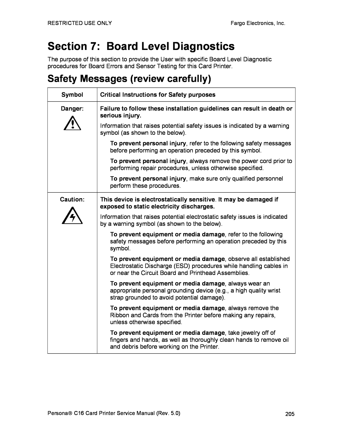 FARGO electronic C16 service manual Board Level Diagnostics, Safety Messages review carefully 
